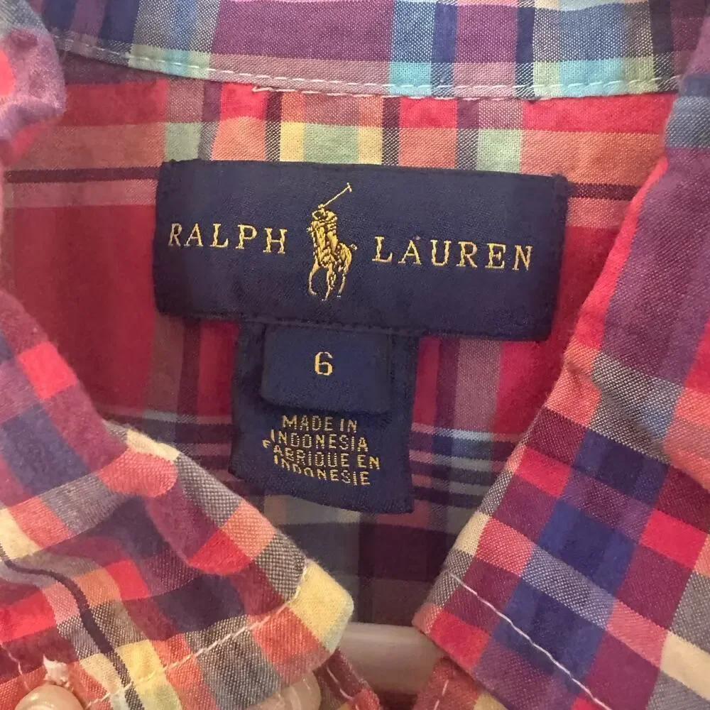 Ralph Lauren Red Plaid button down shirt sz 6 Polo Pony Logo Madras Plaid Oxford